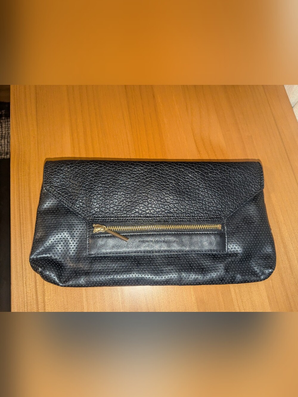 French Connection Black Leather Clutch with Gold Hardware